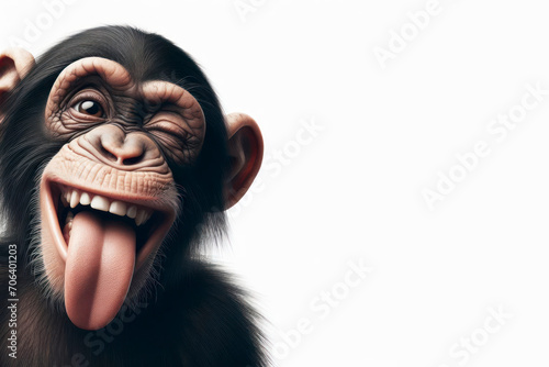 Fotobehang Funny chimpanzee winking and sticking out tongue with copy space for text on solid white background