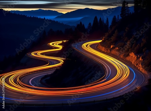 Nocturnal Journey: Captivating Light Trails on a Beautiful Night Road, Midnight Illumination: Enchanting Light Trails Adorning a Scenic Nighttime Road, Night Drive Magic: Mesmerizing Light Trails 