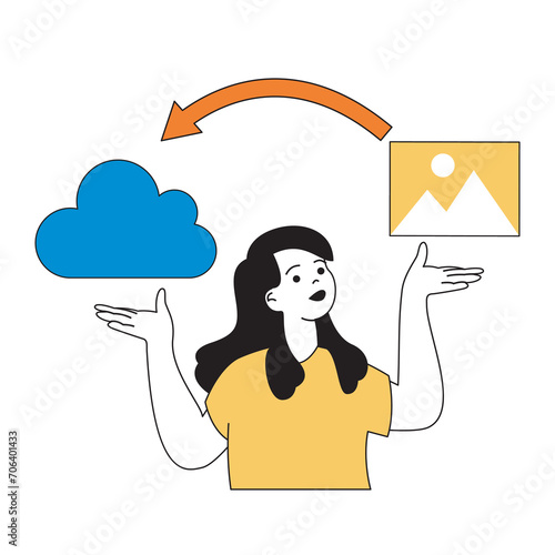 Cloud computing concept with cartoon people in flat design for web. Woman making files backup and transfering images to online storage. Vector illustration for social media banner, marketing material. photo