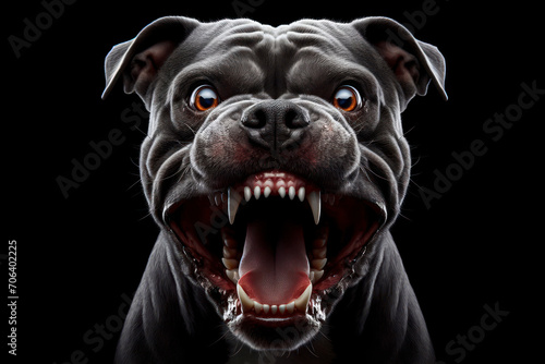 Angry pitbull dog with huge eyes and open mouth isolated on black background. ai generative