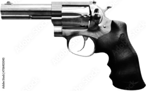 Revolver Handgun in halftone dots texture, isolated black and white vector design element