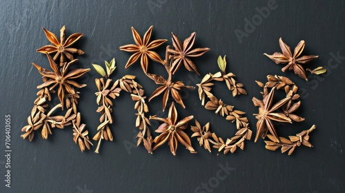 The word "anise" is artistically arranged using star anise pods and leaves on a dark slate background.