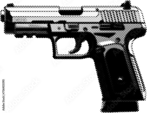 Handgun in halftone dots texture, isolated black and white vector design element