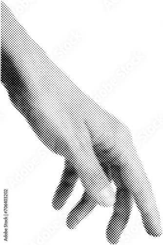 Hand reaching in halftone dots texture, isolated black and white vector design element