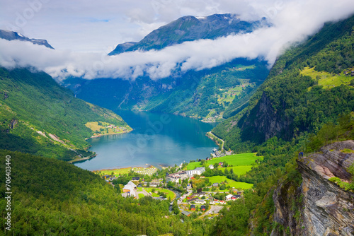 View of Geiranger and Geirangerfjord from Flydalsjuvet, Norway.