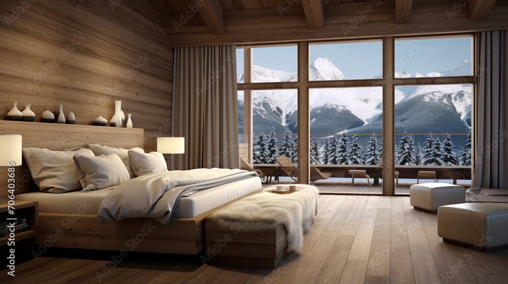 Serenity in Snow: Modern Rustic Bedroom Design in a Chalet with Mountainous Backdrop Serenity in Snow: Modern Rustic Bedroom Design in a Chalet with Mountainous Backdrop