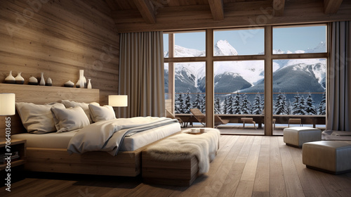 Serenity in Snow: Modern Rustic Bedroom Design in a Chalet with Mountainous Backdrop © pierre