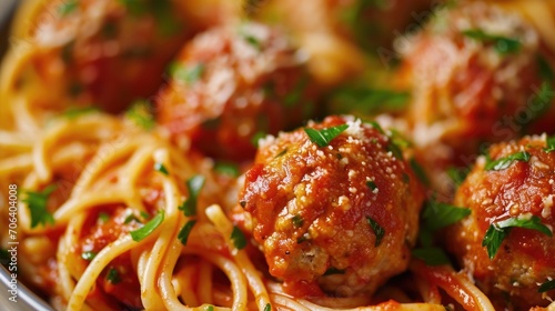 A delicious plate of spaghetti and meatballs with savory sauce. Ideal for food enthusiasts and Italian cuisine lovers