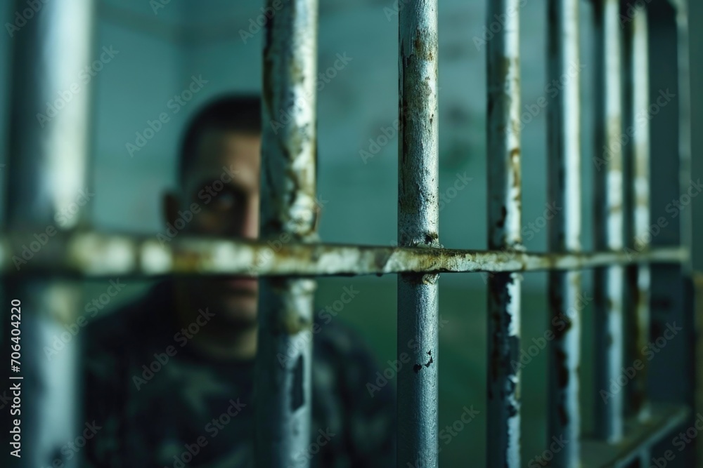 A man is seen behind bars in a jail cell. This image can be used to depict imprisonment, crime, or the justice system