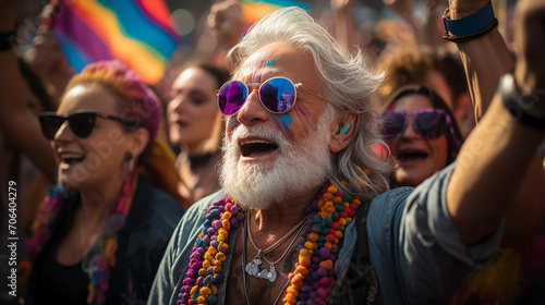 Mature man screaming at LGTBI pride day event.