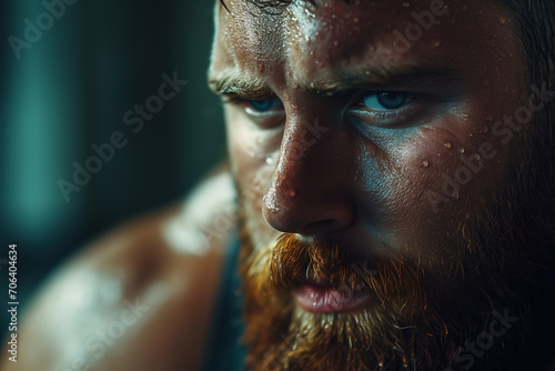 Bodybuilding motivation, portrait of a strong tired sweaty male athlete with a beard in gym looking away