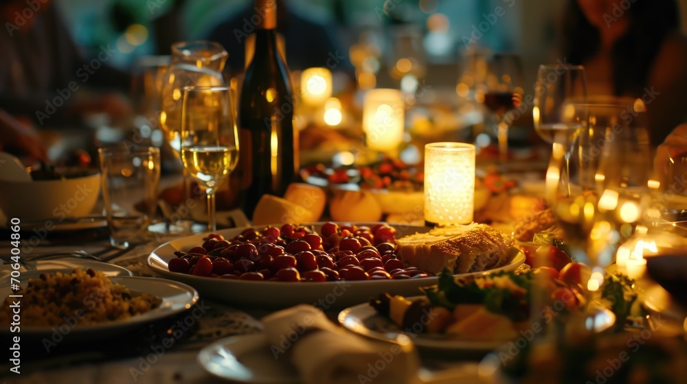 A table filled with plates of food and glasses of wine. Suitable for various dining and celebration concepts
