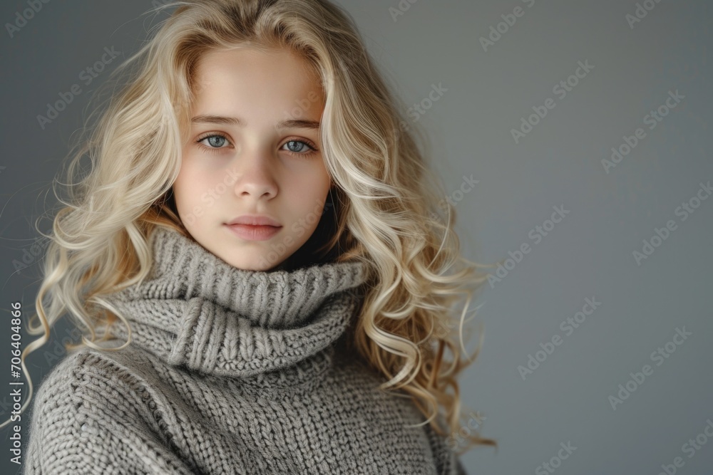 A young girl with blonde hair wearing a turtle neck sweater. Perfect for fashion or winter-themed designs A young girl with blonde hair wearing a turtle neck sweater. Perfect for fashion or winter-themed designs