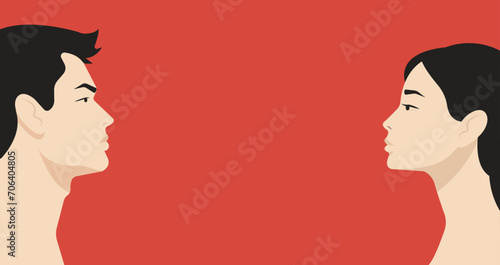 Asian man and woman profile portraits. Ethnic diversity and modern lifestyle. Togetherness and family concept. Horizontal red background.