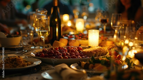 A table filled with plates of food and glasses of wine. Suitable for various dining and celebration concepts