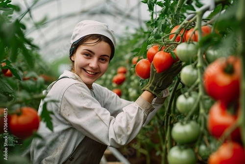 Worker picking up two tomatoes from the tomato plant and smiling © fledermausstudio