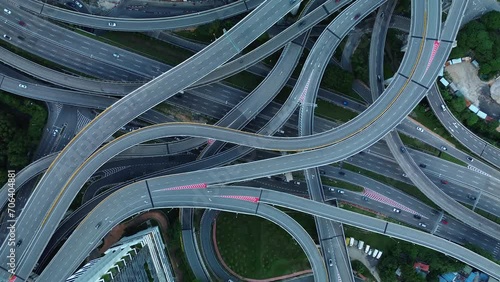 Aerial view of the expressway in Malaysia in the city of Kuala Lumpur, Penchala link. A birds eye view of a confusing traffic intersection. Architecture and urban planning of the capital. photo