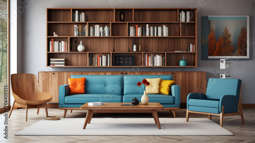 Mid-Century Marvel: Sofa and Bookcases in Modern Living © pierre