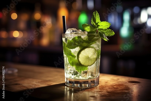 Alcoholic mojito with ice and mint on bar table