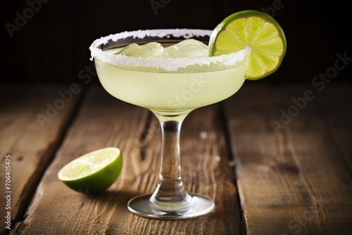 Glass of margarita cocktail on wooden background
