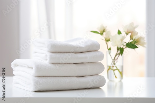 Stack of white folded towels with flowers