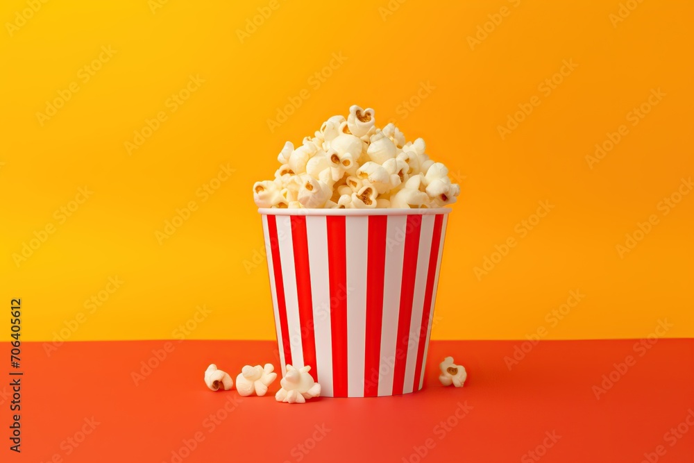 Paper cup with popcorn on yellow background