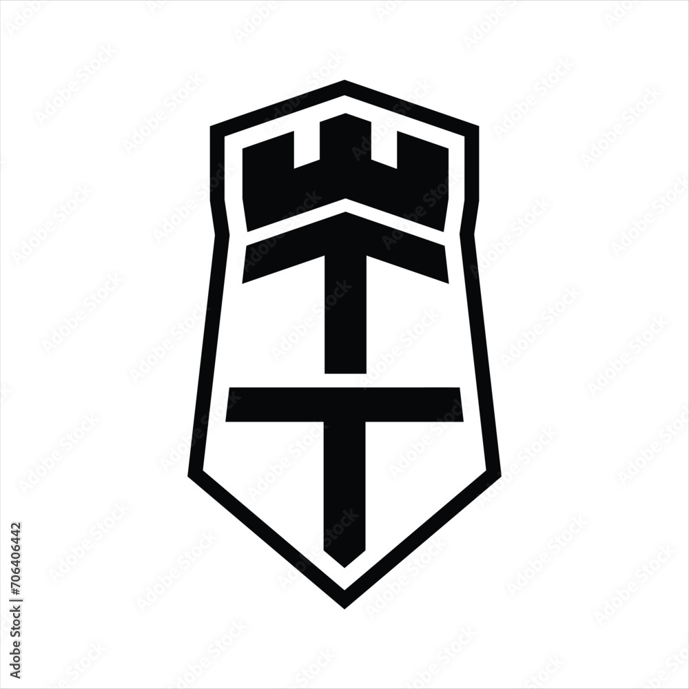 TT Letter Logo monogram hexagon shield shape up and down with crown castle isolated style design TT Letter Logo monogram hexagon shield shape up and down with crown castle isolated style design