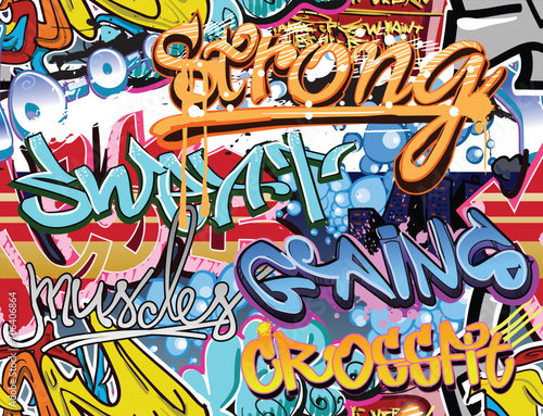 Gym Motivational Graffiti seamless pattern. Strong, Sweat, Gains, Crossfit, muscles wall graffiti seamless artwork for background. Wall and textile or gym-related material 