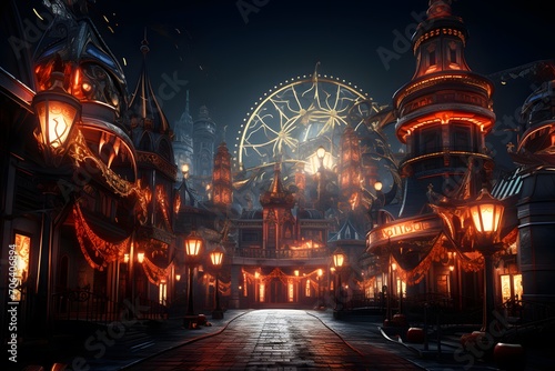 Fantasy city at night with a ferris wheel. 3d rendering © I