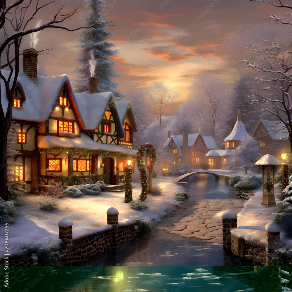 Winter landscape with houses in the village at night. Digital painting.