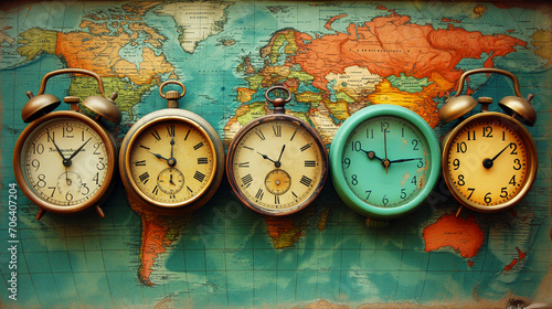 four vintage alarm clocks showing different times against a world map background, symbolizing different time zones around the globe