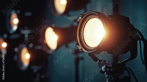 A close up view of a light mounted on a tripod. This versatile image can be used to depict photography, film production, or lighting equipment photo