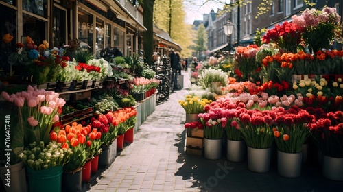 Blurred view of flower shop in Paris, France. Colorful flowers in pots on the street.