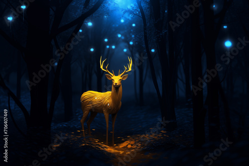 Majestic golden deer pierces through total darkness. A symbol of ethereal grace and guardian mystique, this golden sentinel illuminates the nocturnal wilderness