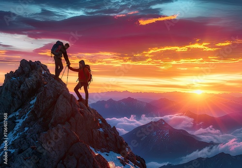 two hikers helping each other on a mountain summit photo