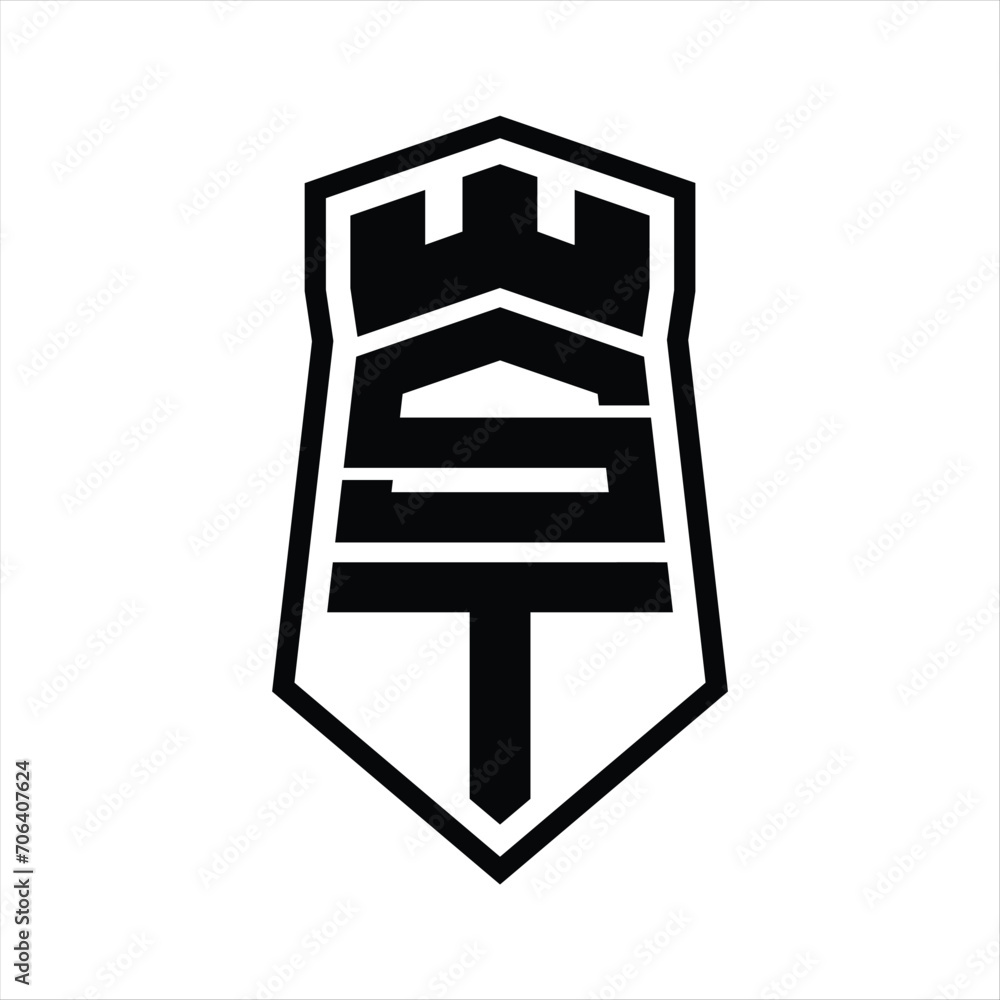 ST Letter Logo monogram hexagon shield shape up and down with crown castle isolated style design ST Letter Logo monogram hexagon shield shape up and down with crown castle isolated style design