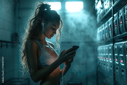 Athletes woman using smartphone at locker room. Generative AI
