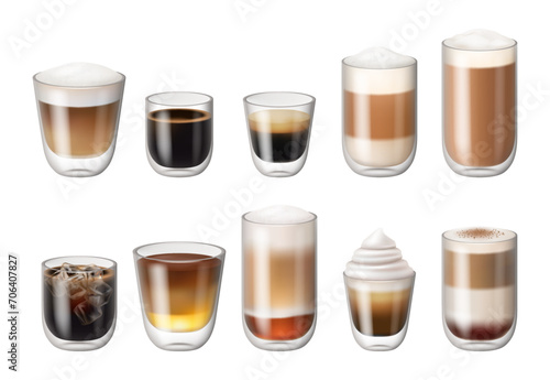 Caffeine drink in glass, isolated realistic coffee beverages with foam and whipped cream. Vector isolated cafe or restaurant, mug served with ice and cinnamon powder. Cocoa and latte, americano