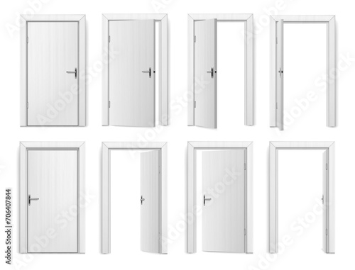 Closed or open door, entrance realistic doorway with doorframe. Vector isolated wooden gate with knob or handle for closing and opening. Interior design and architecture for apartment or house