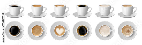 Americano and latte with heart shaped foam. Vector isolated coffee beverages in ceramic cups with handles and saucers. Cafe or restaurant service, top and side view of aromatic drink with milk