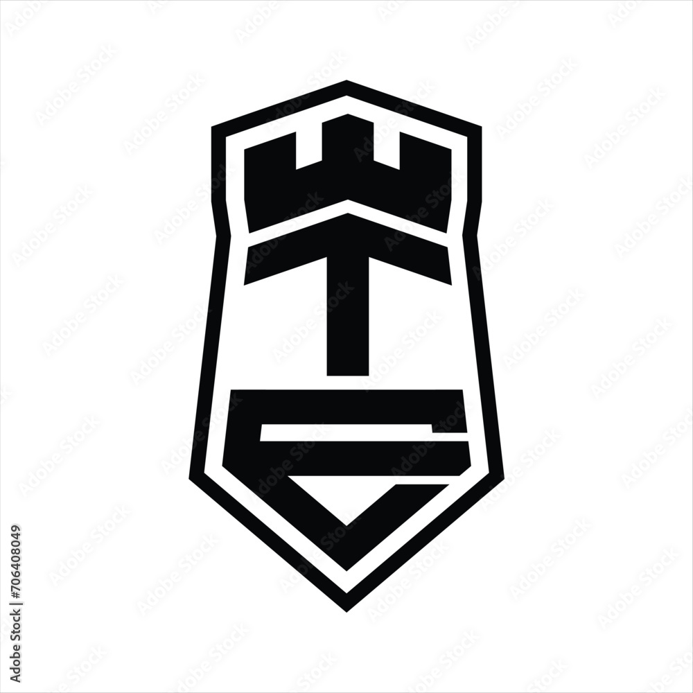 TE Letter Logo monogram hexagon shield shape up and down with crown castle isolated style design TE Letter Logo monogram hexagon shield shape up and down with crown castle isolated style design