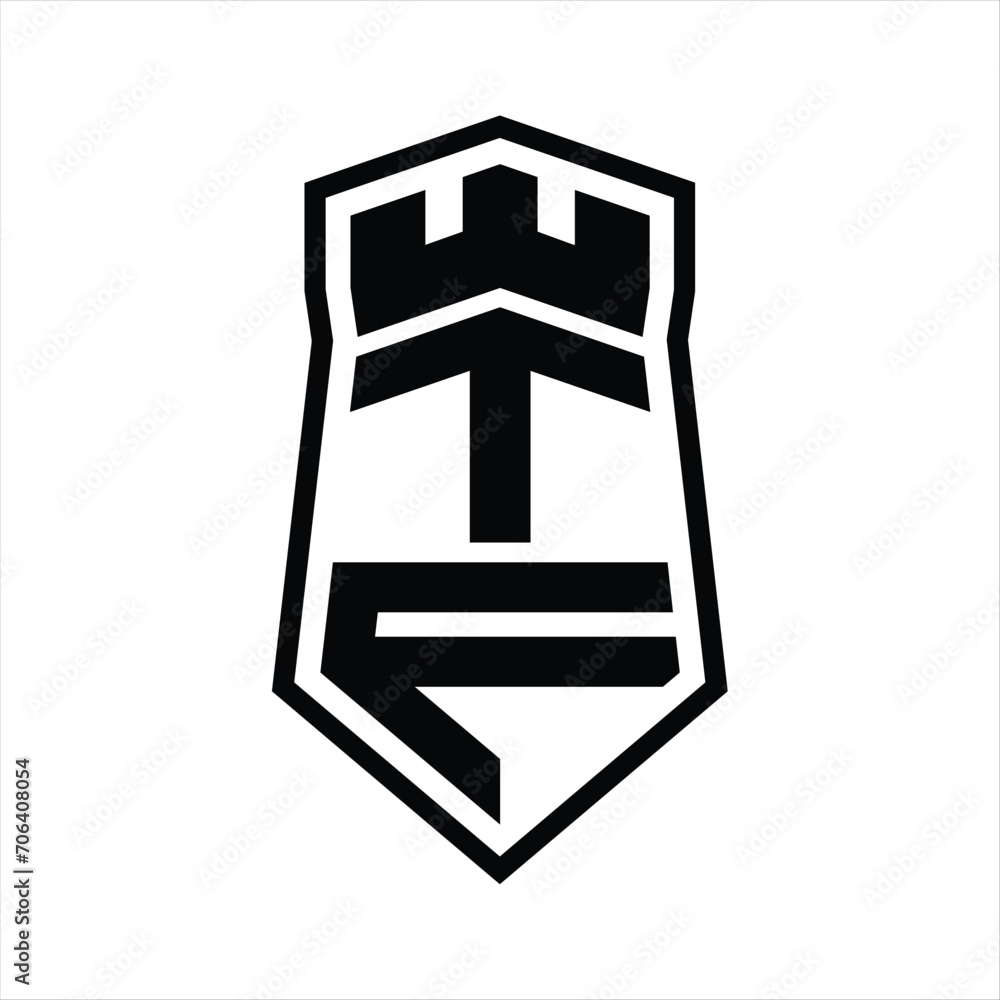 TF Letter Logo monogram hexagon shield shape up and down with crown castle isolated style design TF Letter Logo monogram hexagon shield shape up and down with crown castle isolated style design