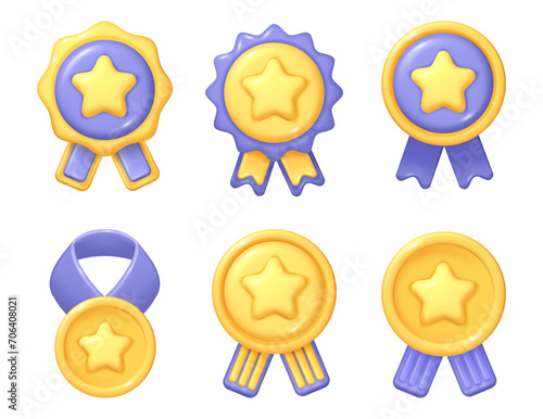 Gold medal with star and ribbon, symbol of success and victory. Vector isolated medallion, certificate with honors. Reward for winner of challenge or contest, sports or business event prize