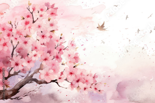 Sakura, peaches and cherries in pink-coral watercolor. Japan in spring, delicate pink landscape, spring nature © May