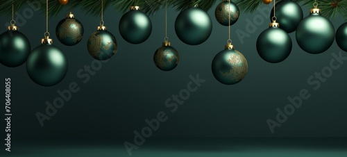 Christmas green minimalism mockup with gold Christmas balls, pine spruces on the dark green background texture. Horizontal banking poster background for advertisement. Photo AI Generated