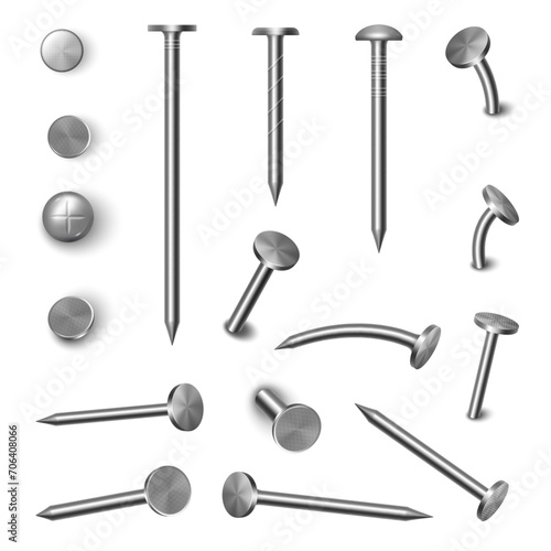 Hammered steel and iron curved nail pins and heads. Vector isolated straight and bent element for construction and building. Realistic metallic hardware and industrial equipment, top view