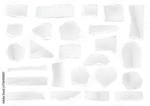 Sheets of paper with torn uneven edges. Vector isolated ripped pieces of note or damaged document, textbooks or notebook journals. Split cutout fragment of page of round and rectangle shape
