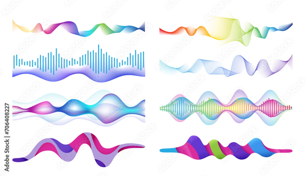 Audio and tune sound waves with curvy lines, waves and mesh texture. Vector isolated noise equalizer, visualization of song effect, motion of composition. Swirls and light 3d stream flow Audio and tune sound waves with curvy lines, waves and mesh texture. Vector isolated noise equalizer, visualization of song effect, motion of composition. Swirls and light 3d stream flow