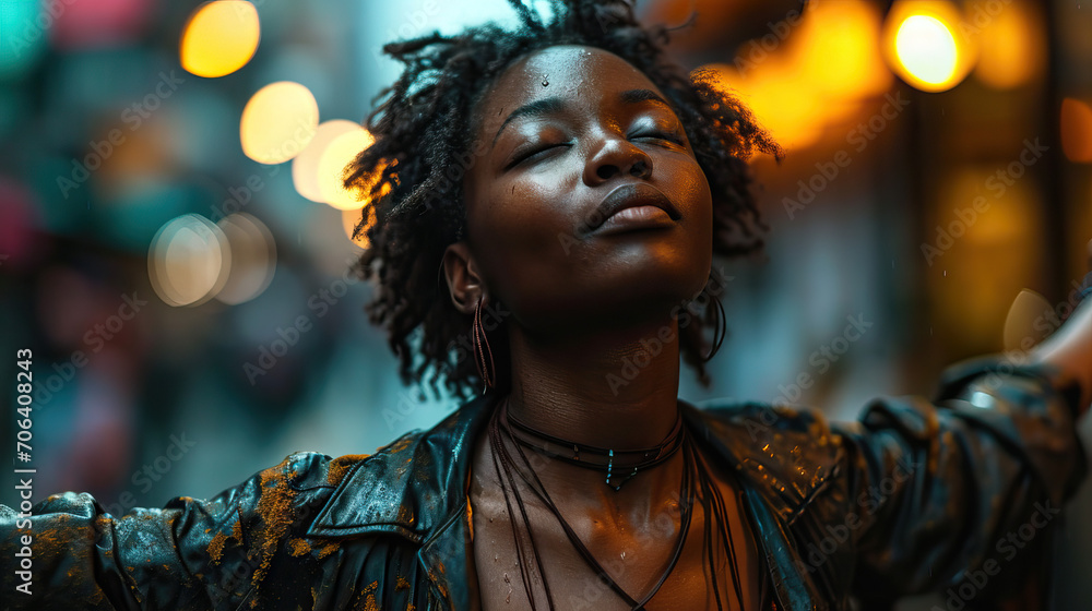 African American Woman with Arms Outstretched in a Subway Setting, Embracing the Dynamic Energy of City Life with Confidence and Positivity African American Woman with Arms Outstretched in a Subway Setting, Embracing the Dynamic Energy of City Life with Confidence and Positivity