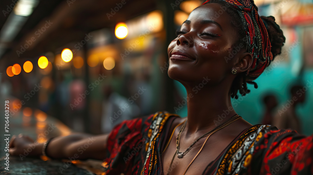 African American Woman with Arms Outstretched in a Subway Setting, Embracing the Dynamic Energy of City Life with Confidence and Positivity African American Woman with Arms Outstretched in a Subway Setting, Embracing the Dynamic Energy of City Life with Confidence and Positivity